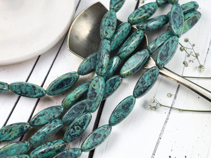 Czech Glass Marquise Oval Spindle Beads - Jet Turquoise - 18x7mm - 8pcs - (B929)