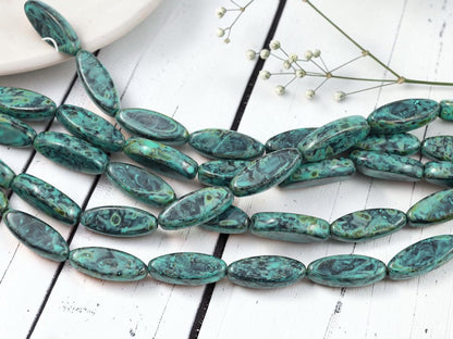 Czech Glass Marquise Oval Spindle Beads - Jet Turquoise - 18x7mm - 8pcs - (B929)