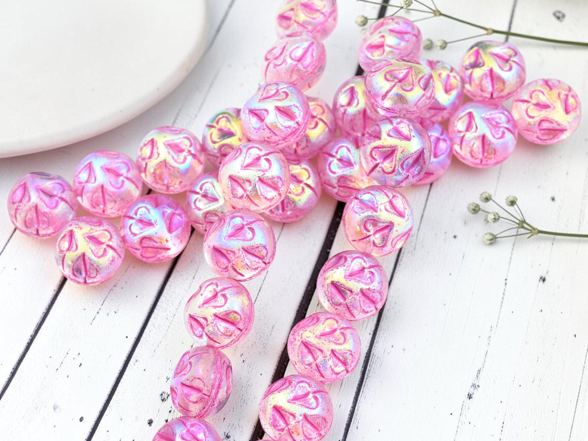 14mm Czech Glass Vintage Style Thick Coin Beads - Fuchsia Washed Crystal AB - 8pcs - (4810)