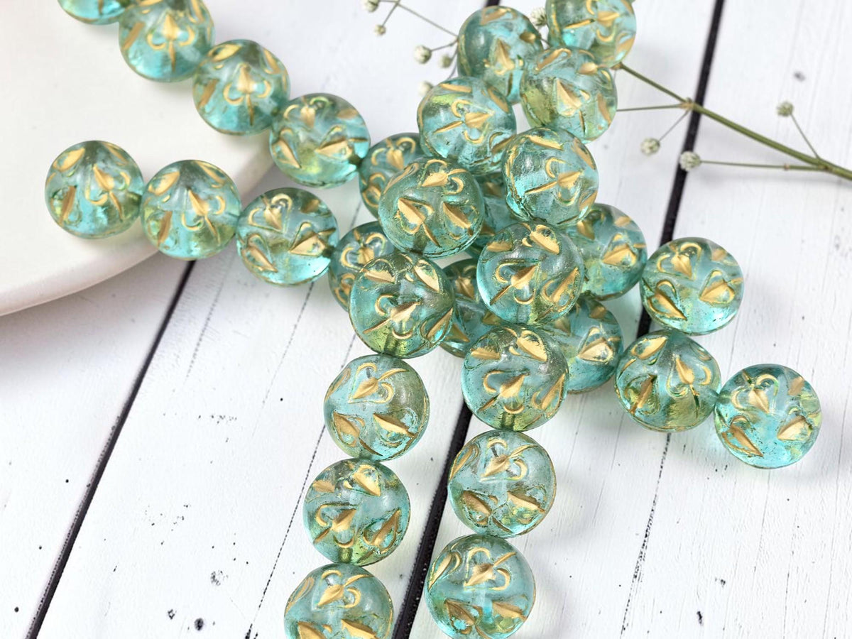 14mm Czech Glass Vintage Style Thick Coin Beads - Gold Washed Aqua - 8pcs - (5473)