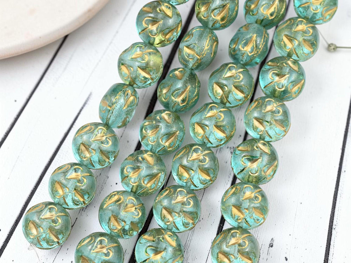 14mm Czech Glass Vintage Style Thick Coin Beads - Gold Washed Aqua - 8pcs - (5473)