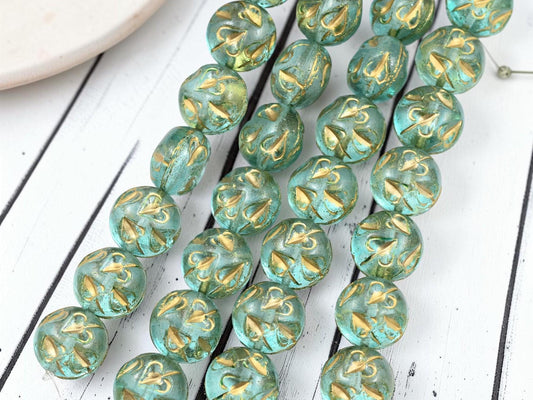 14mm Czech Glass Vintage Style Thick Coin Beads - Gold Washed Aqua - 8pcs - (5473)