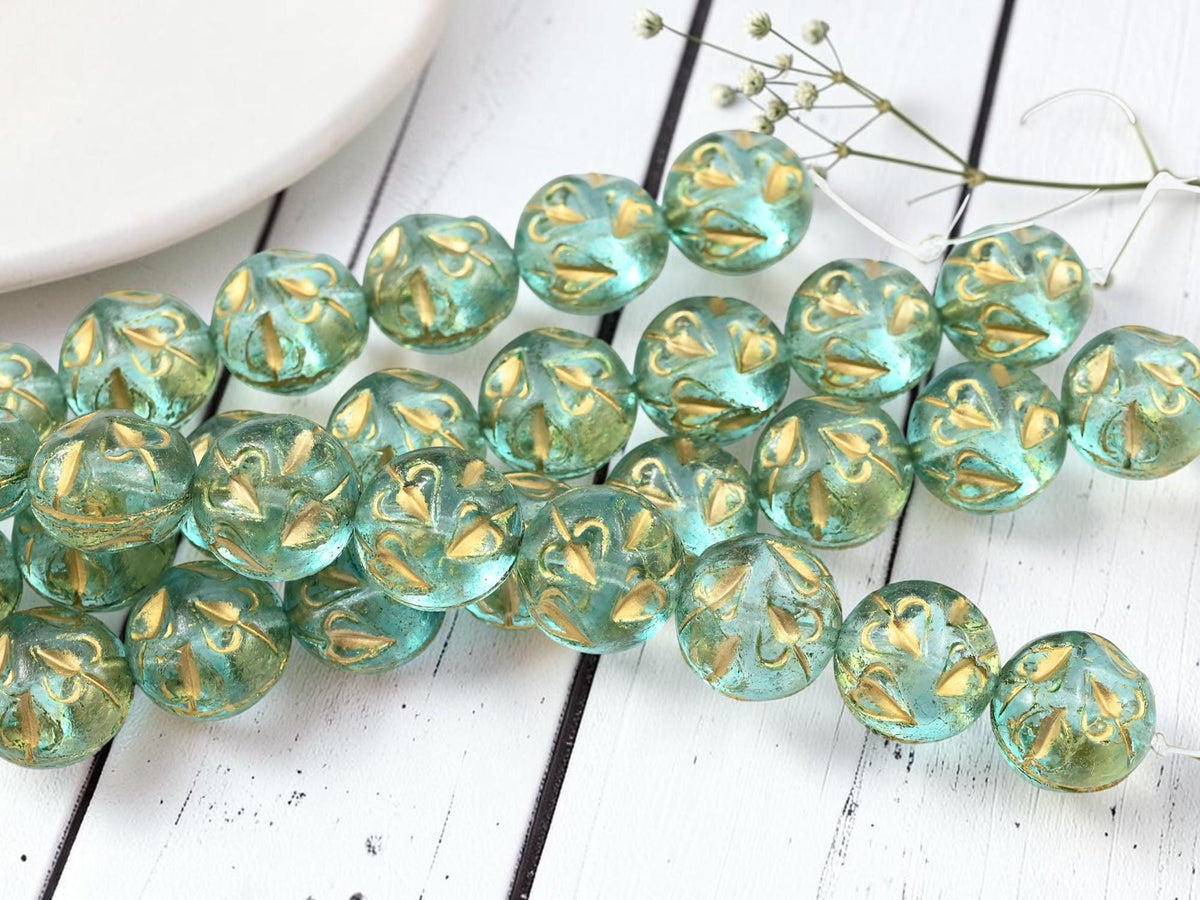 14mm Czech Glass Vintage Style Thick Coin Beads - Gold Washed Aqua - 8pcs - (5473)