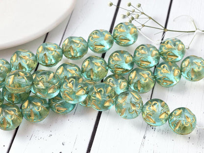 14mm Czech Glass Vintage Style Thick Coin Beads - Gold Washed Aqua - 8pcs - (5473)