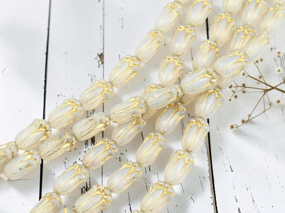 Czech Glass Tulip Flower Beads - Gold Washed White Opal - 12x8mm - 12pcs - (A266)