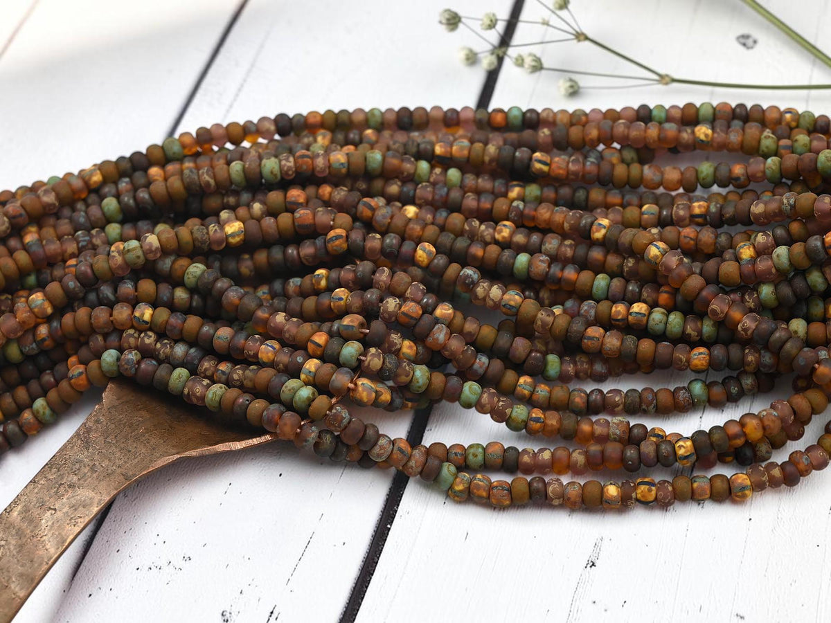 Size 6/0 Aged Matte Picasso Seed Bead Strands - Matte Druid Striped Picasso Mix - 20" Strand - (A412)
