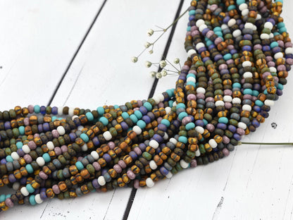 Size 6/0 Aged Picasso Seed Bead Strands - Matte White Frost Striped Picasso Mix - 19" Strand - (A132)