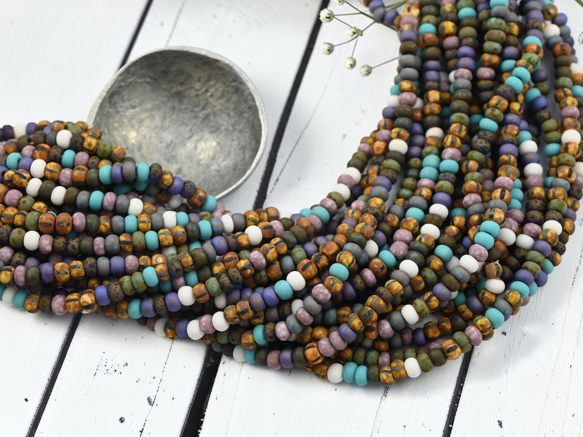 Size 6/0 Aged Picasso Seed Bead Strands - Matte White Frost Striped Picasso Mix - 19" Strand - (A132)