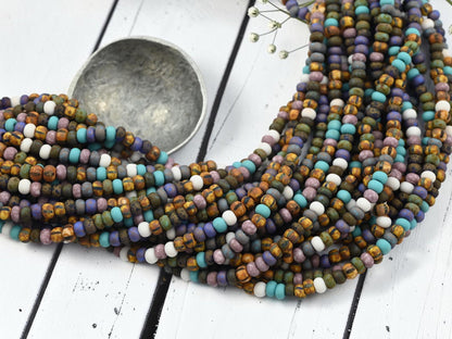 Size 6/0 Aged Picasso Seed Bead Strands - Matte White Frost Striped Picasso Mix - 19" Strand - (A132)