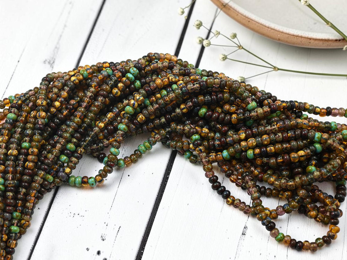 Size 6/0 Aged Picasso Seed Bead Strands - Druid Striped Picasso Mix - 20" Strand - (A412)