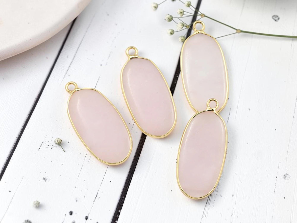 Gold Plated Brass Surround Rose Quartz Oval Gemstone Pendant - 36x15mm - (4667)