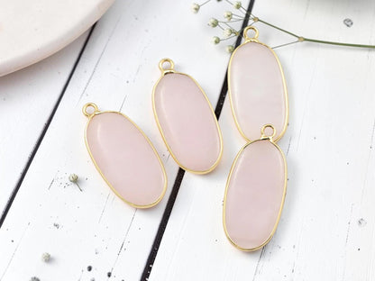 Gold Plated Brass Surround Rose Quartz Oval Gemstone Pendant - 36x15mm - (4667)