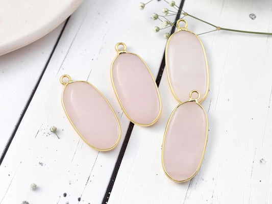 Gold Plated Brass Surround Rose Quartz Oval Gemstone Pendant - 36x15mm - (4667)