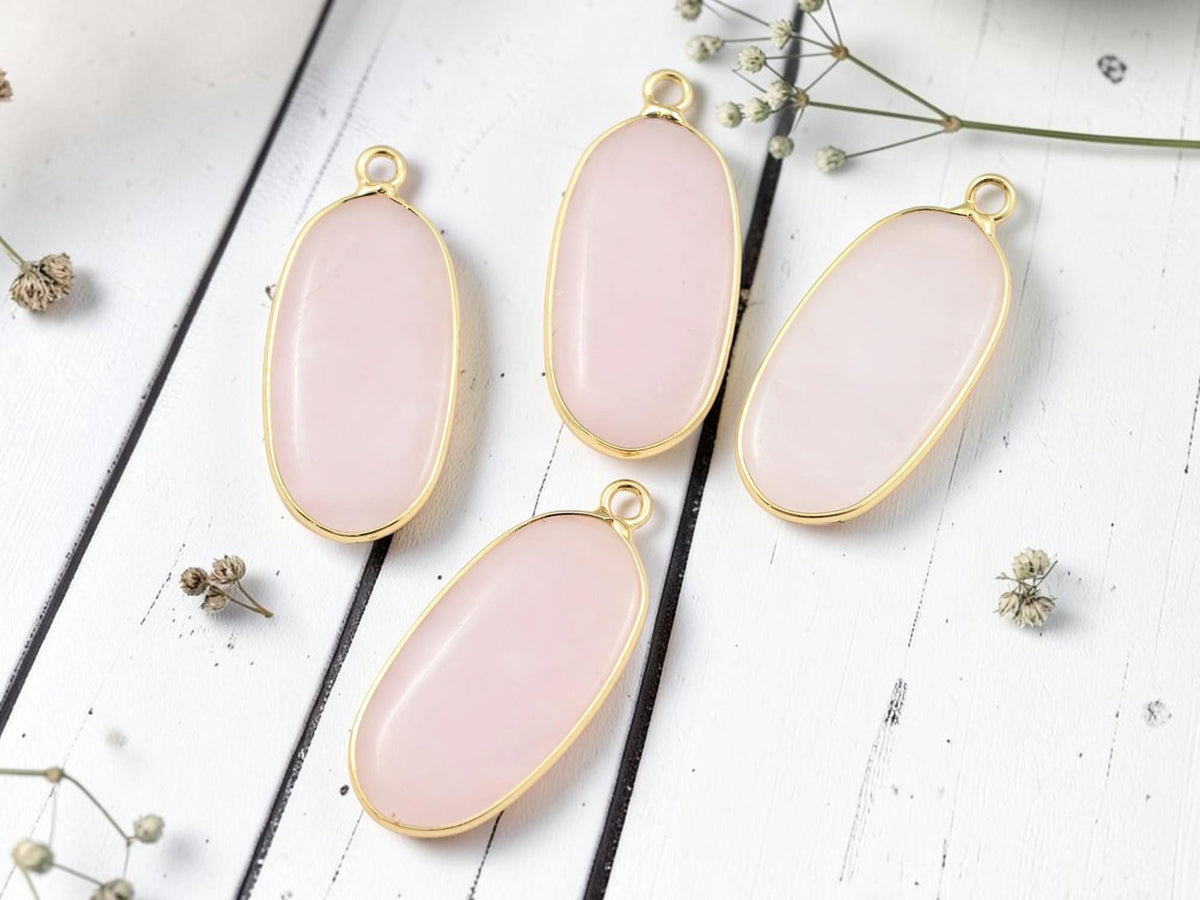 Gold Plated Brass Surround Rose Quartz Oval Gemstone Pendant - 36x15mm - (4667)