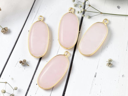 Gold Plated Brass Surround Rose Quartz Oval Gemstone Pendant - 36x15mm - (4667)