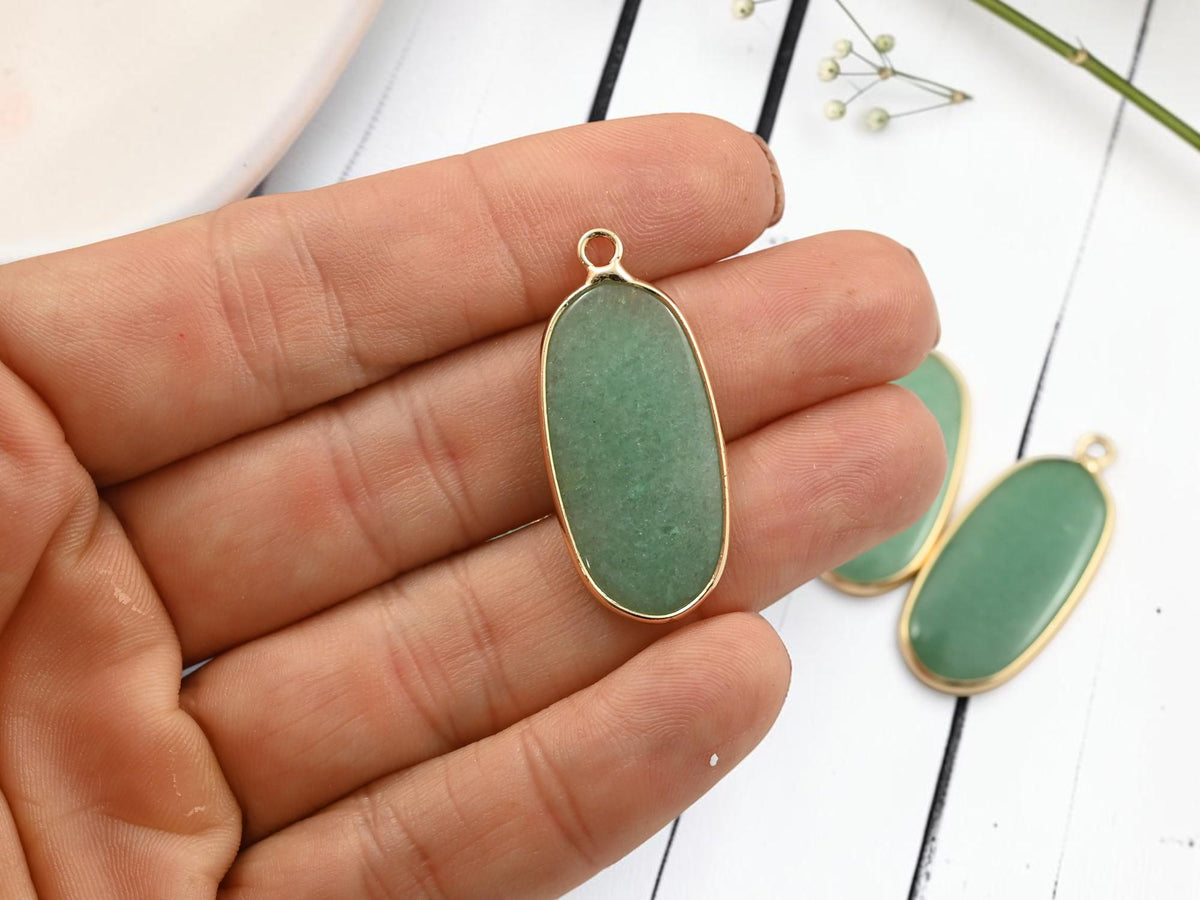 Gold Plated Brass Surround Green Aventurine Oval Gemstone Pendant - 36x15mm - (4877)