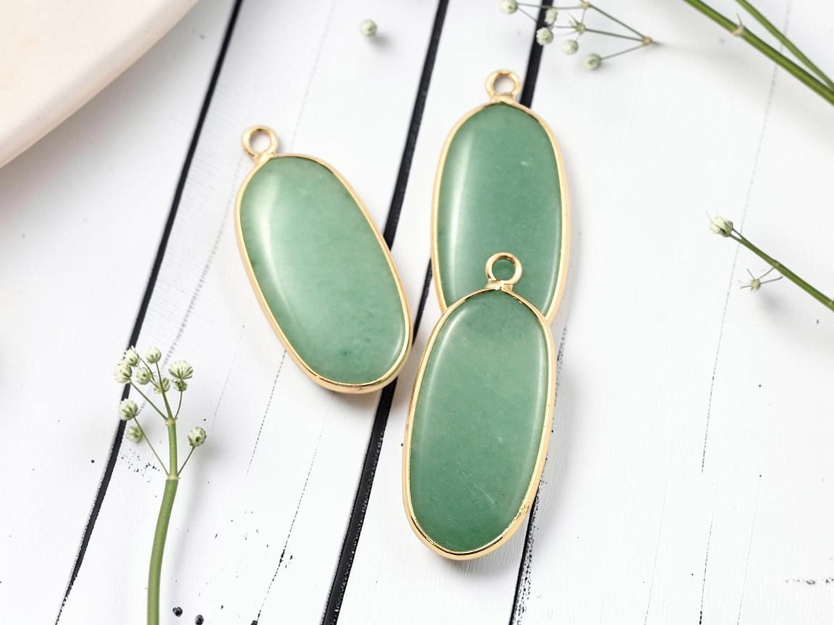 Gold Plated Brass Surround Green Aventurine Oval Gemstone Pendant - 36x15mm - (4877)