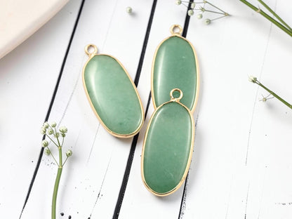 Gold Plated Brass Surround Green Aventurine Oval Gemstone Pendant - 36x15mm - (4877)