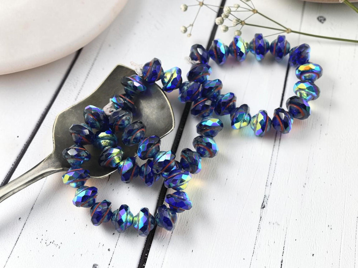 Czech Glass Saturn Beads - Sapphire Picasso AB - 6x8mm - 15pcs - (2609)