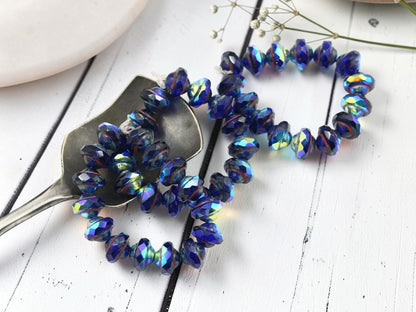 Czech Glass Saturn Beads - Sapphire Picasso AB - 6x8mm - 15pcs - (2609)