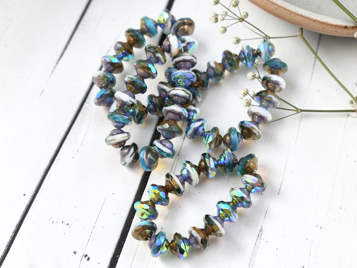 Czech Glass Saturn Beads - Pacific Blue White Topaz AB - 6x8mm - 15pcs - (B87)