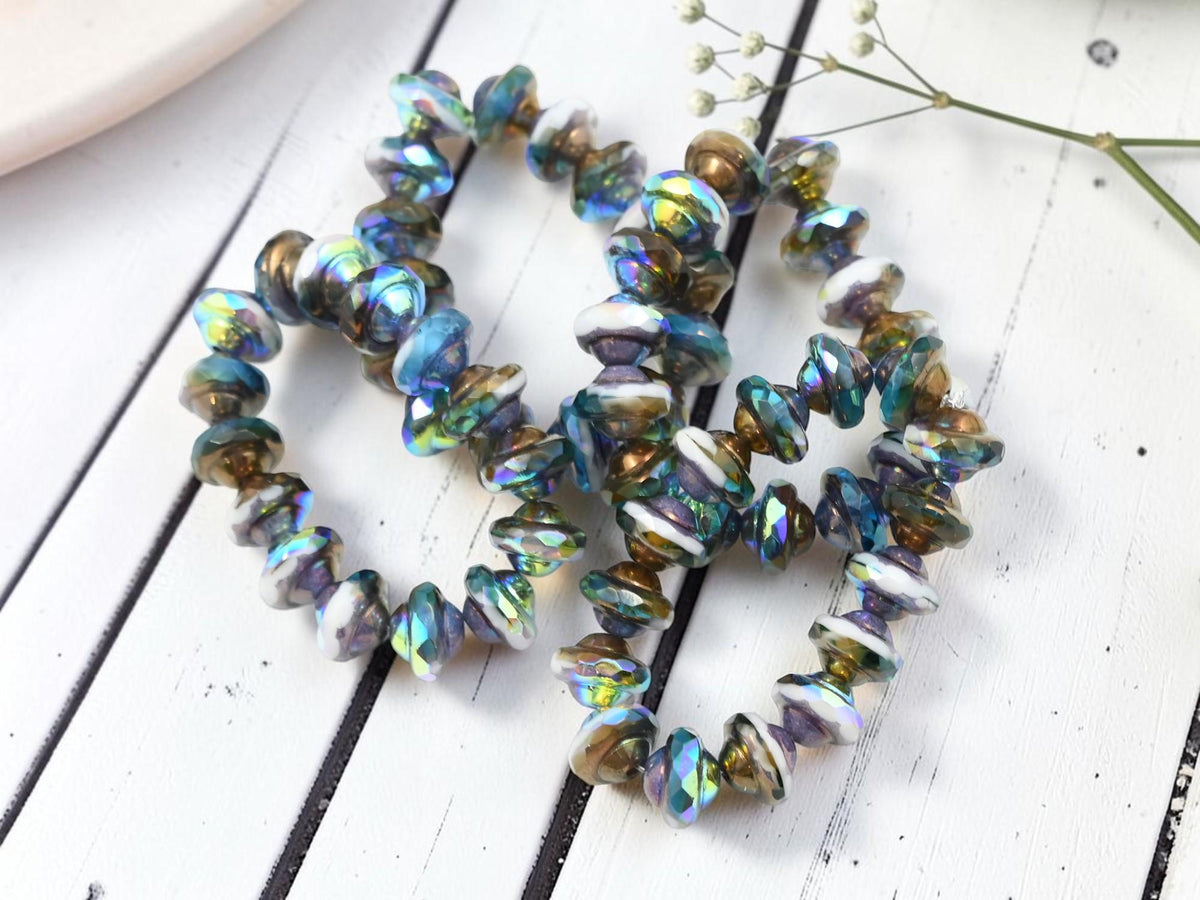 Czech Glass Saturn Beads - Pacific Blue White Topaz AB - 6x8mm - 15pcs - (B87)