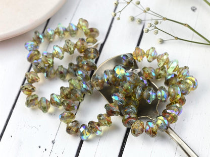 Czech Glass Saturn Beads - Olive Green Picasso AB - 6x8mm - 15pcs - (B765)