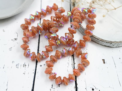 Czech Glass Saturn Beads - Salmon Opaline Picasso AB - 6x8mm - 15pcs - (2478)