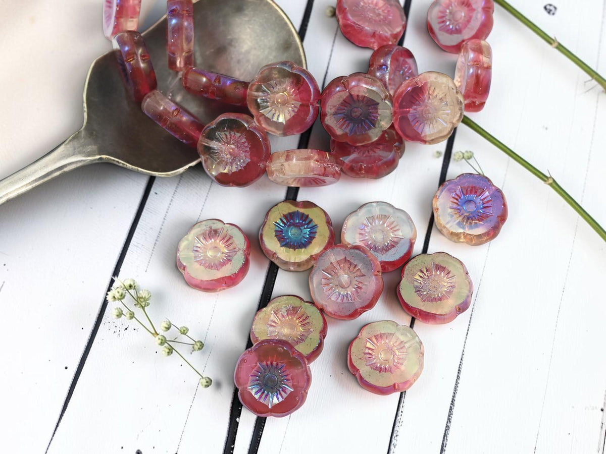 12mm Czech Glass Table Cut Hawaiian Flower Beads - Fuchsia Crystal AB - 12 Beads - (B64)