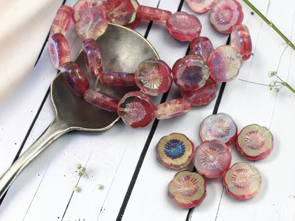 12mm Czech Glass Table Cut Hawaiian Flower Beads - Fuchsia Crystal AB - 12 Beads - (B64)