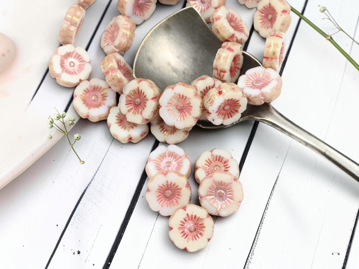 12mm Czech Glass Table Cut Hawaiian Flower Beads - Pink Washed Alabaster - 12 Beads - (B729)