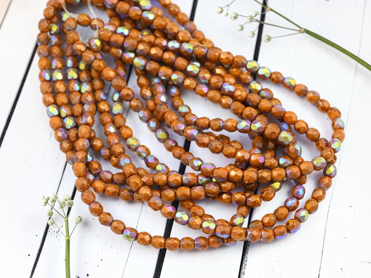 4mm Czech Glass Faceted Fire Polished Round Beads - Gold Lustered Orange Picasso AB - 50pcs - (5410)