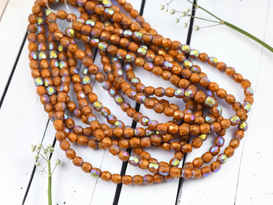 4mm Czech Glass Faceted Fire Polished Round Beads - Gold Lustered Orange Picasso AB - 50pcs - (5410)