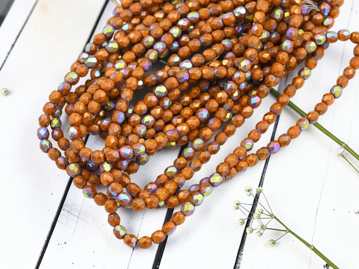 4mm Czech Glass Faceted Fire Polished Round Beads - Gold Lustered Orange Picasso AB - 50pcs - (5410)
