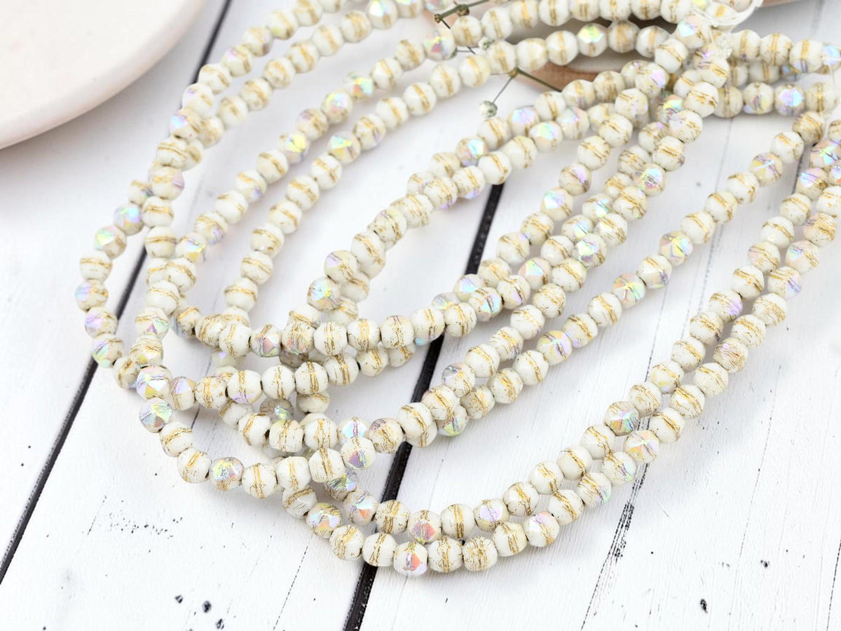 4mm Czech Glass English Cut Round Beads - Gold Washed Alabaster AB - 50pcs - (1783)