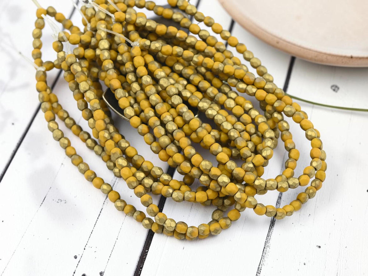 3mm Czech Glass Faceted Fire Polished Round Beads - Gold Etched Matte Marigold - 50pcs - (5654)