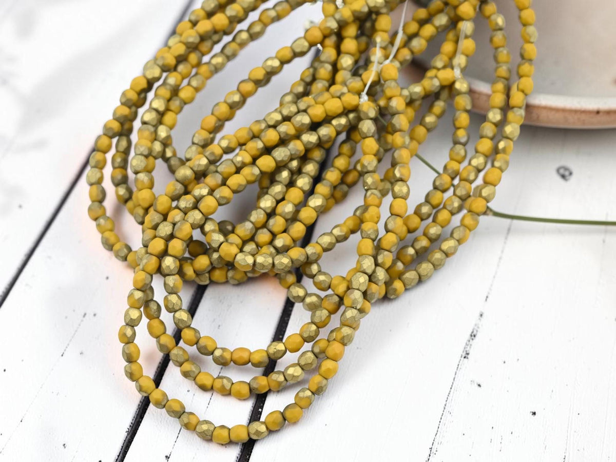 3mm Czech Glass Faceted Fire Polished Round Beads - Gold Etched Matte Marigold - 50pcs - (5654)