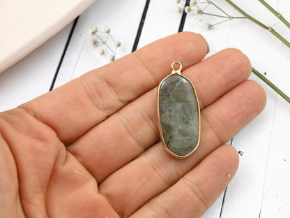 Gold Plated Brass Surround Labradorite Oval Gemstone Pendant - 36x15mm - (2394)