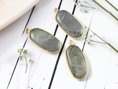 Gold Plated Brass Surround Labradorite Oval Gemstone Pendant - 36x15mm - (2394)
