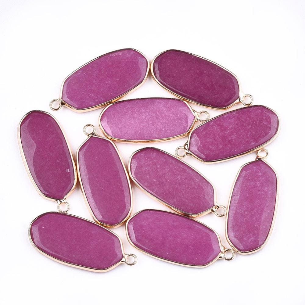 Gold Plated Brass Surround Dyed Fuchsia Jade Oval Gemstone Pendant - 36x15mm - (4127)
