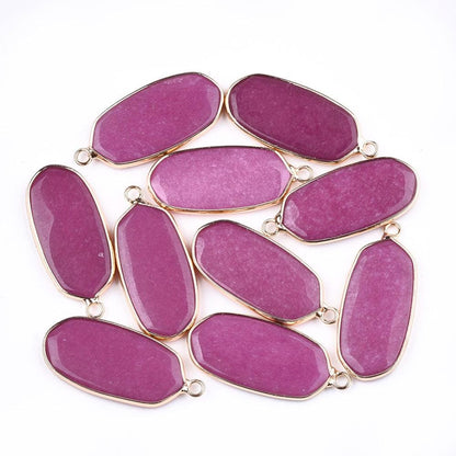 Gold Plated Brass Surround Dyed Fuchsia Jade Oval Gemstone Pendant - 36x15mm - (4127)