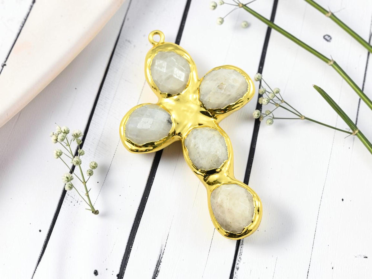 Gold Plated Brass Surround Soldered Rainbow Moonstone Cross Gemstone Pendant - 60x36mm - 1pc - (4890)