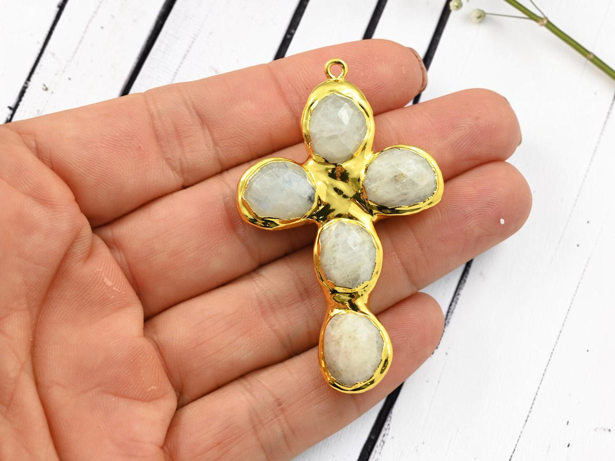 Gold Plated Brass Surround Soldered Rainbow Moonstone Cross Gemstone Pendant - 60x36mm - 1pc - (4890)