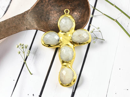 Gold Plated Brass Surround Soldered Rainbow Moonstone Cross Gemstone Pendant - 60x36mm - 1pc - (4890)
