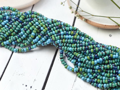 Size 6/0 Aged Picasso Seed Bead Strands - Tessarion Blue Picasso Mix - 19" Strand - (B114)