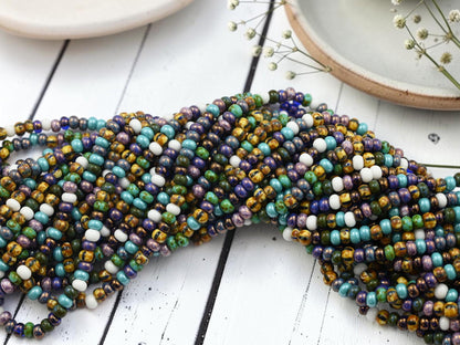 Size 6/0 Aged Picasso Seed Bead Strands - White Frost Striped Picasso Mix - 19" Strand - (B687)