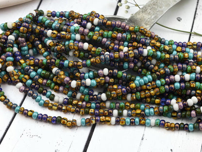 Size 6/0 Aged Picasso Seed Bead Strands - White Frost Striped Picasso Mix - 19" Strand - (B687)