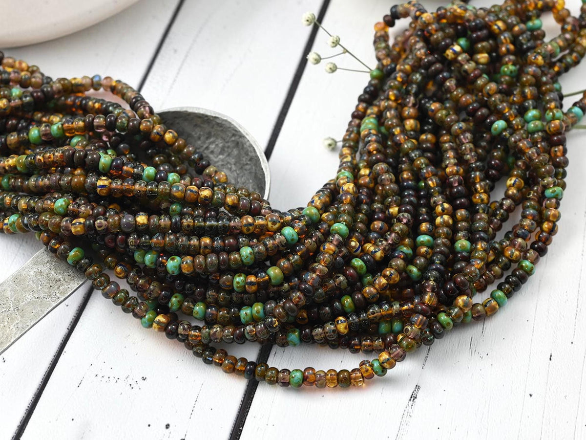 Size 6/0 Aged Picasso Seed Bead Strands - Druid Striped Picasso Mix - 20" Strand - (A412)