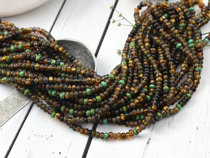 Size 6/0 Aged Picasso Seed Bead Strands - Druid Striped Picasso Mix - 20" Strand - (A412)