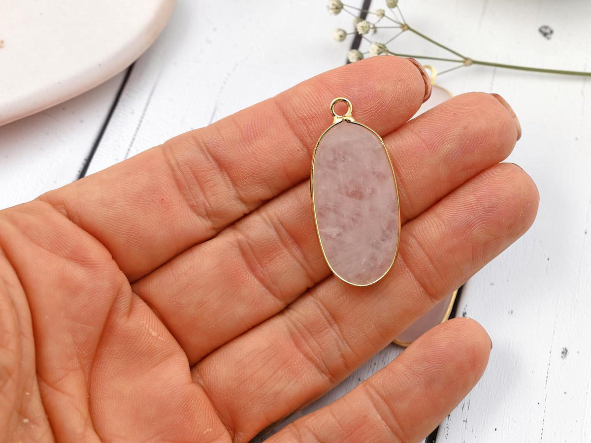 Gold Plated Brass Surround Rose Quartz Oval Gemstone Pendant - 36x15mm - (4667)